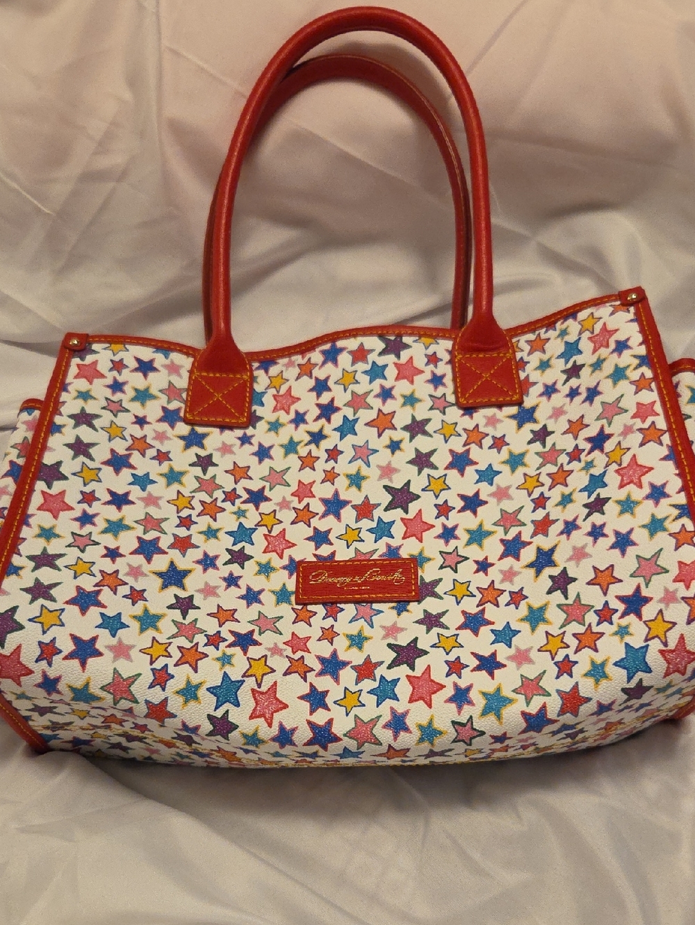Dooney & Bourke Red-Trim White Canvas Multicolor Star Tote